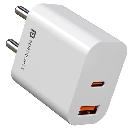 Portronics Adapto 20B 20W Dual Port Fast Charging Adaptor with Type-C PD & USB-A Port - White