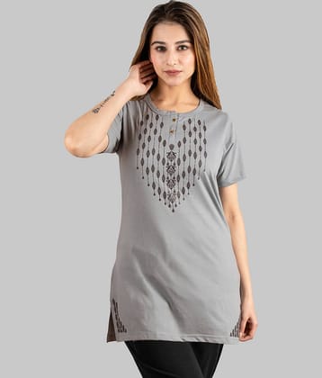 URBE Women Cotton Blend Printed Regular Fit Henley Neck T-Shirt ( Grey )