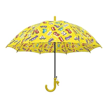 Kids Umbrella with Colorful Vehicle Print, Yellow, Polyester Canopy, J-Shaped Handle, Rain Protection