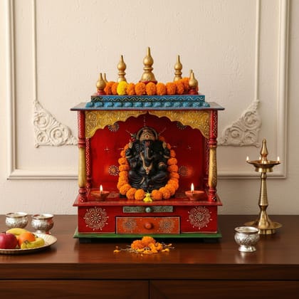 Wooden Painted Indian Pooja Mandir-Wall God Pooja Stand