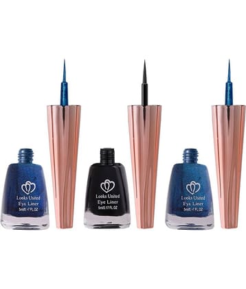 Looks United Metallic Long Lasting Intense Single Stroke Fashion Eyeliner (Matallic Admiral Blue, Coal Black, Looks United Metallic Blue Orchid)Pack Of 3