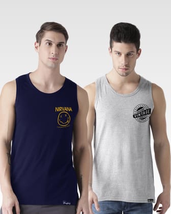 Mens Printed Sleeveless Combo Tshirt-XS / Navy Gray