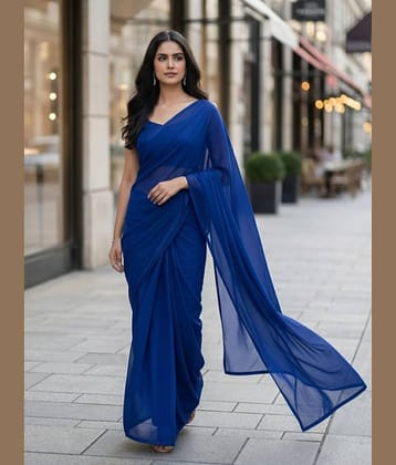 Today Deal Georgette Solid Regular Saree With Unstitched Blouse Piece ( Blue )
