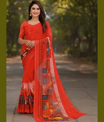 Suntex Georgette Printed Regular Saree With Unstitched Blouse Piece ( Red )
