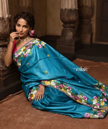 Parampara ~ Pure High Quality Tussar Silk Saree with Exquisite Floral Border Embroidery Serene Blue (Khadigram certified weavers)
