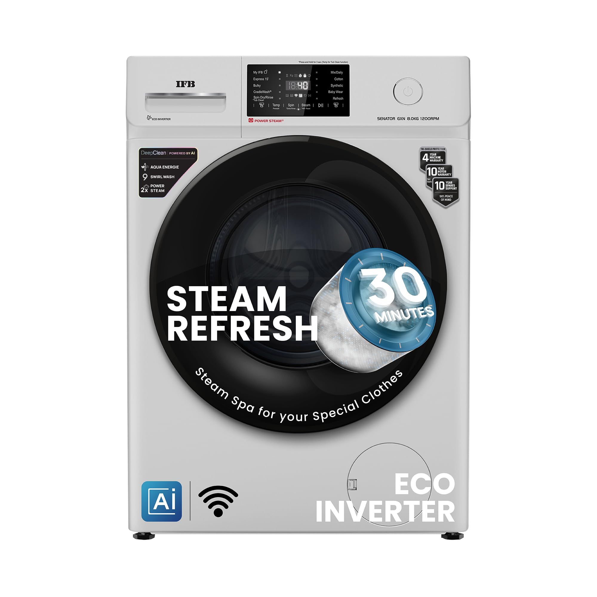 IFB 8 Kg 5 Star, DeepClean Technology, AI Powered, WiFi, Fully Automatic Front Load Washing Machine (SENATOR GXN 8012 CMS, PowerSteam, 9 Swirl, Steam Refresh, Inbuilt Heater, Eco Inverter, Grey) IFB 8 Kg 5 Star, DeepClean Technology, AI Powered, WiFi, Fu