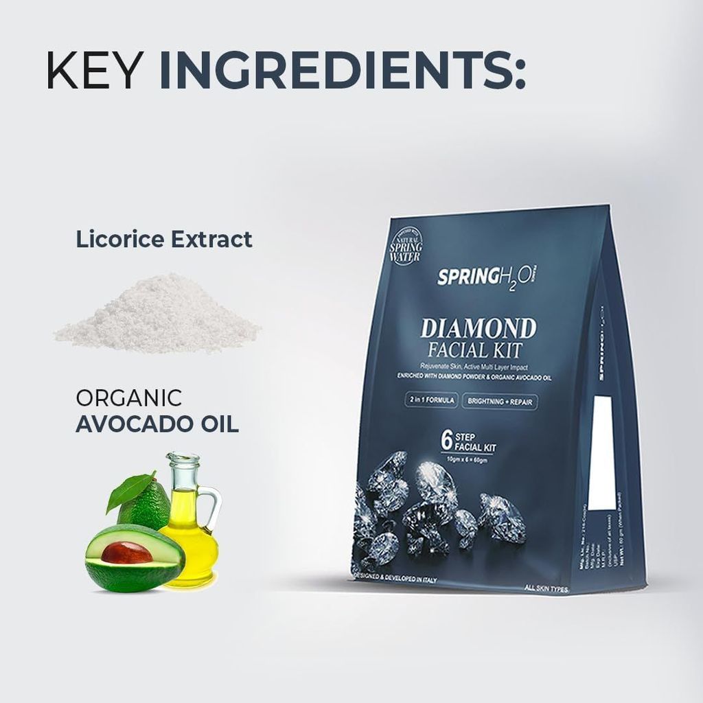 SPRING H2O Diamond Facial Kit 60g | 2-in-1 Brightening & Repair Formula | Enriched with Diamond Powder & Organic Avocado Oil | 6-Step Facial for Glowing Skin