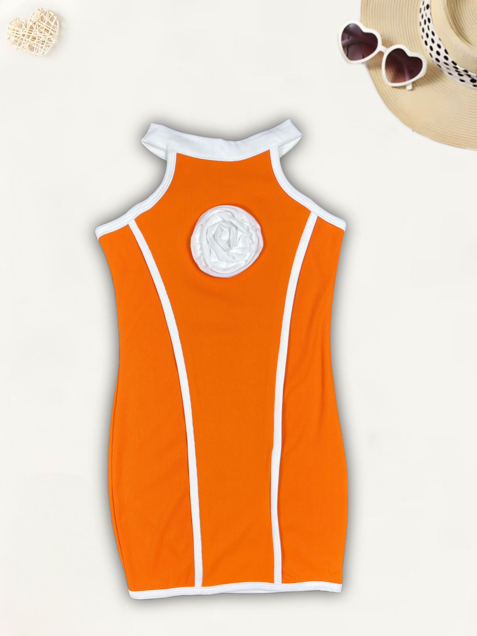Girls Orange Bodycon Flower One-piece [GD-8066] (2-11 Years)-3-4Y (Size - 22) / Ribbed