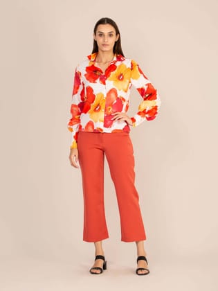 Women'S Premium Multi Digital Print Shirt With Rust Red Straight Fit Trouser-M / 28