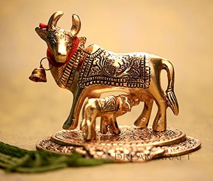 DreamKraft Metal Kamdhenu Cow And Calf Statue, Standard, Gold DreamKraft Metal Kamdhenu Cow And Calf Statue, Standard, Gold