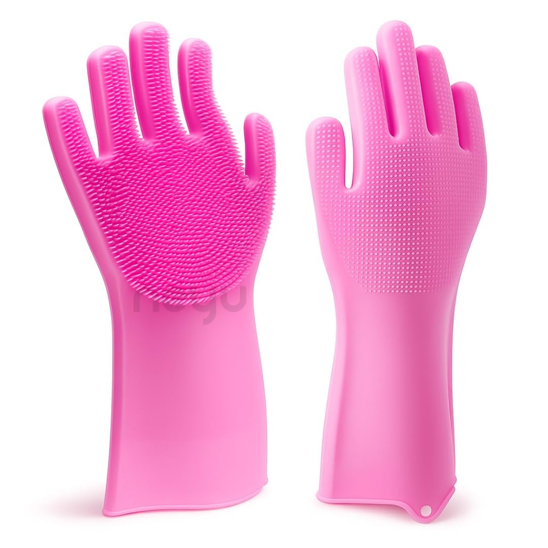 Multipurpose Silicone Scrubber Gloves for Dishwashing, Car Wash, Pet Bath, Kitchen & Household Cleaning Heat Resistant, Reusable & Durable (Pink)