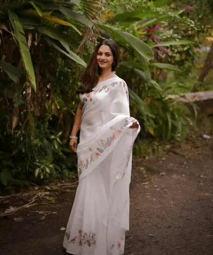 White Linen Saree with Nature-Inspired Digital Print & Latkans | Soft & Breathable