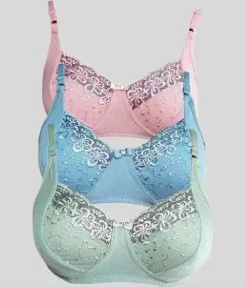 Kiran Enterprises Pack of 3 Net Non Padded Everyday Bra For Women ( Green,Pink,Blue )