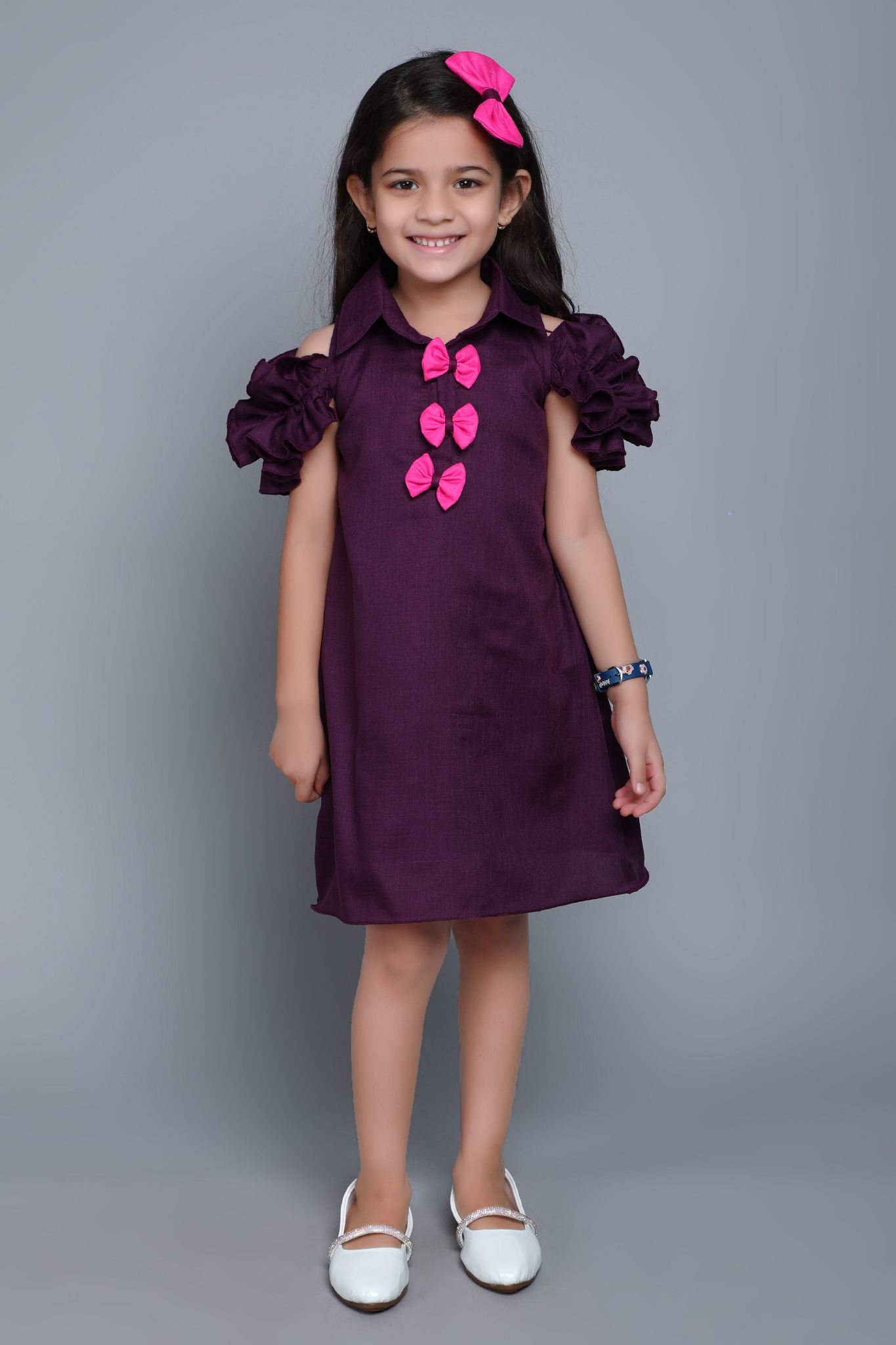 Cold Shoulder Aline Dress with Matching Bow Clip - Burgundy-1-2Y / Burgundy
