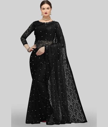 VANRAJ CREATION Net Self Design Saree With Unstitched Blouse Piece ( Black )