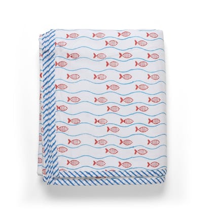 Hand Block Printed Three Layer Mulmul Baby Dohar Blue Rust 60x90 Inches Blanket for Toddlers and Kids