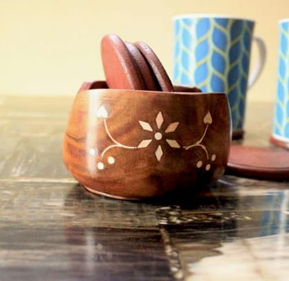 Brown Wooden Coaster Set For Tea, Coffee, And Drink With Holder/Stand - Handmade Cup Coasters -(Set Of 6) 3.5 Inch (Lotus)