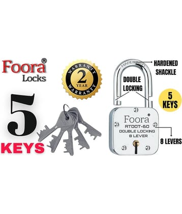 Foora-Tools Hardware Door Lock Atoot 60 Padlock/door lock with 5 Keys ,Steel Double Locking 8 Lever Silver (60mm Hardened Shackle)