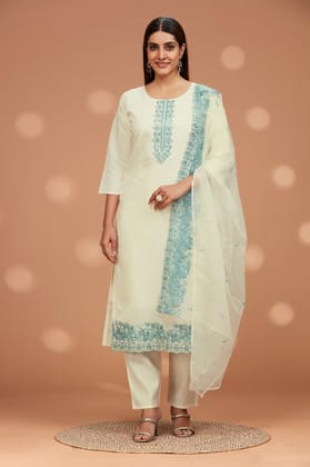 White Cotton Embroidered Chic Kurta Set-BLUE / M