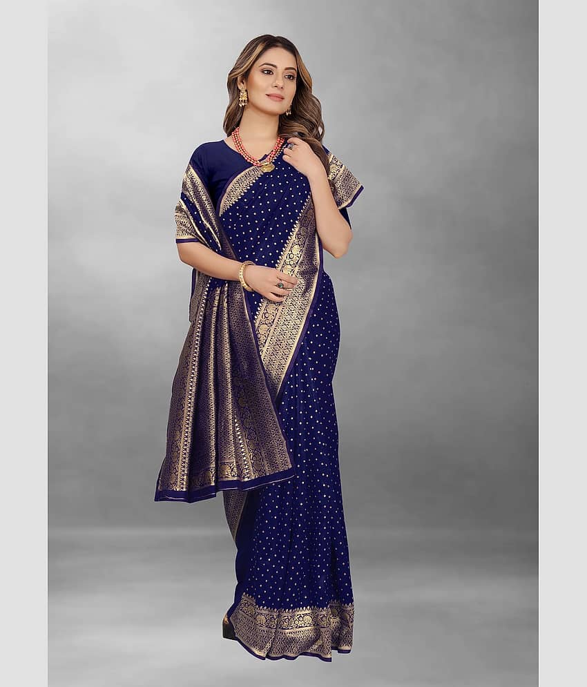 Gazal Fashions Banarasi Silk Embellished Saree With Unstitched Blouse Piece ( Navy Blue )