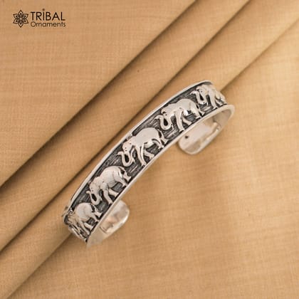 925 sterling silver handcrafted adjustable elephant design cuff bangle bracelet, unisex gifting ethnic tribal jewelry nsk367