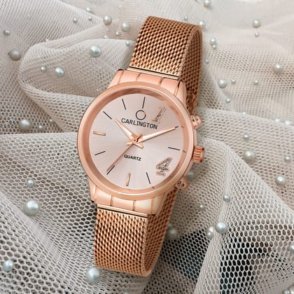 Carlington Elite Ladies Self Adjustable Mesh Strap Water Resistant Analog Watch - For Women CT2012-Rosegold