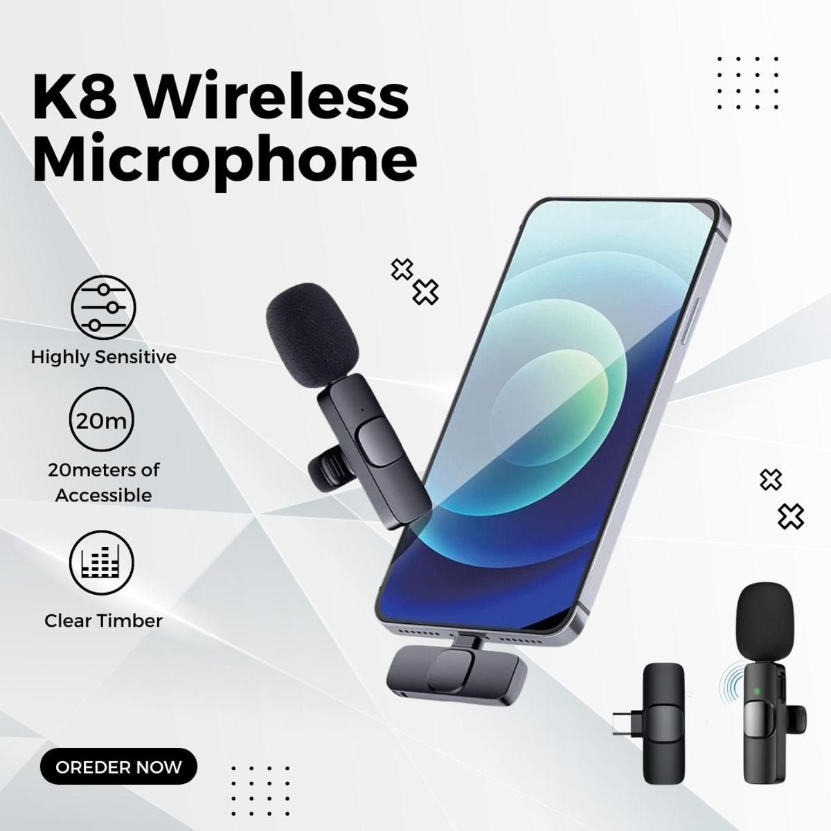 K8 Wireless Lavalier Microphone for Mobile Phone, Clip-On Mini Microphone with Receiver