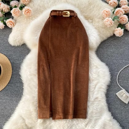 Bravo Highwaist skirt With Belt-Brown / XS