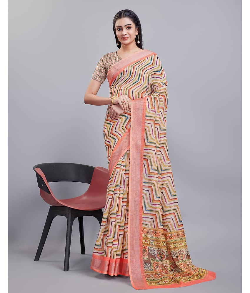 Aadvik Linen Printed Saree With Unstitched Blouse Piece ( Multicolour )