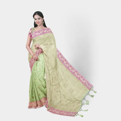 TheHangr Raw Silk Light Green Saree With Pink Border TheHangr Raw Silk Light Green Saree With Pink Border