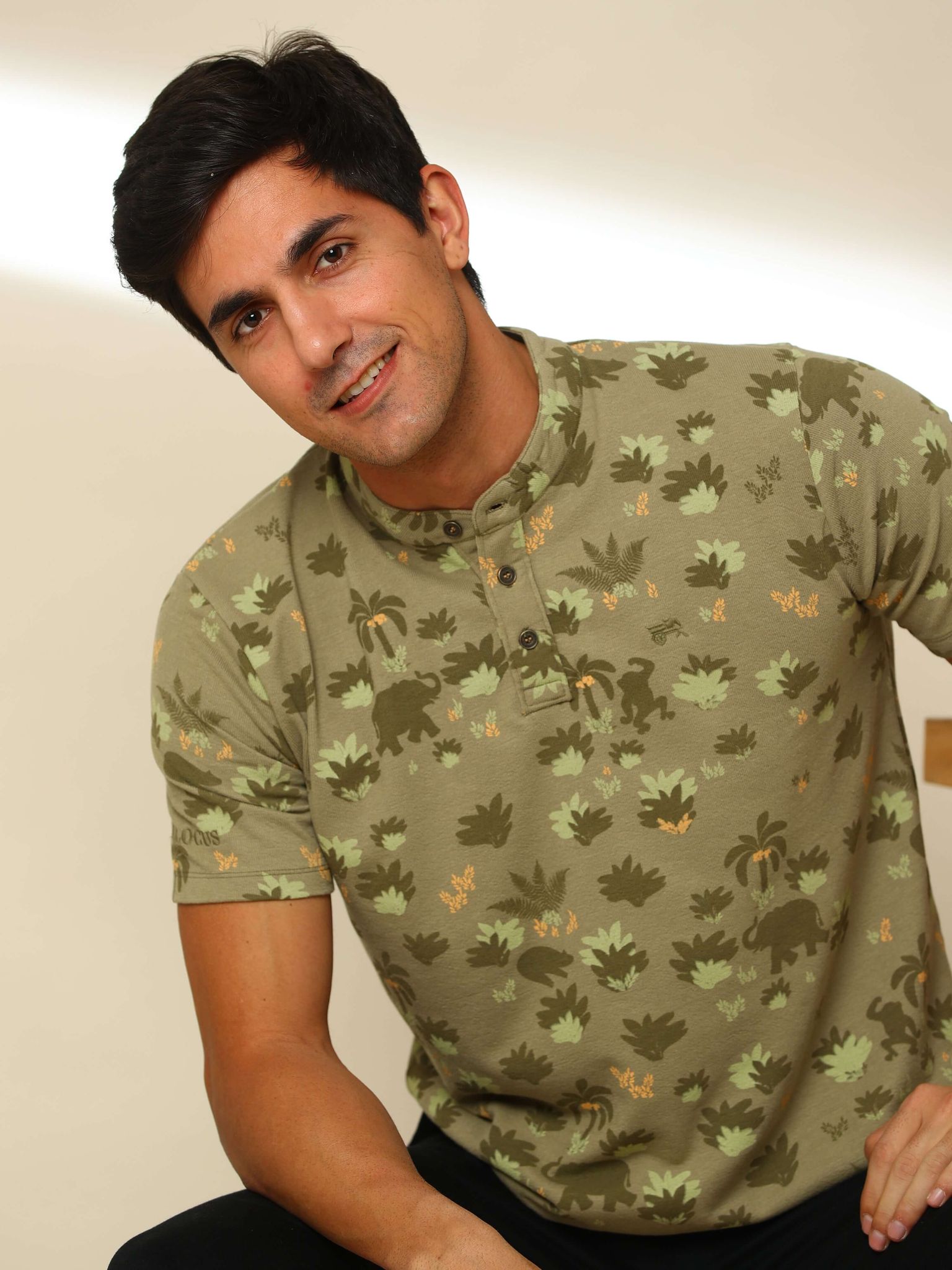Olive Jungle Safari Henley T Shirt-S