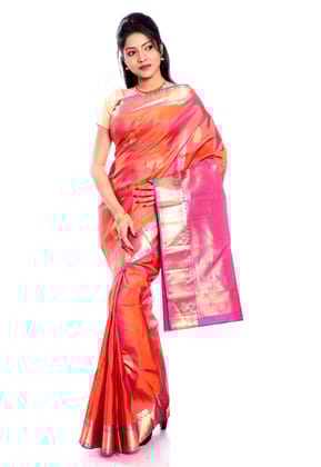 Orange-Pink Kanchipuram Pure Silk Saree with Peacock Motifs | Indian Wedding Saree