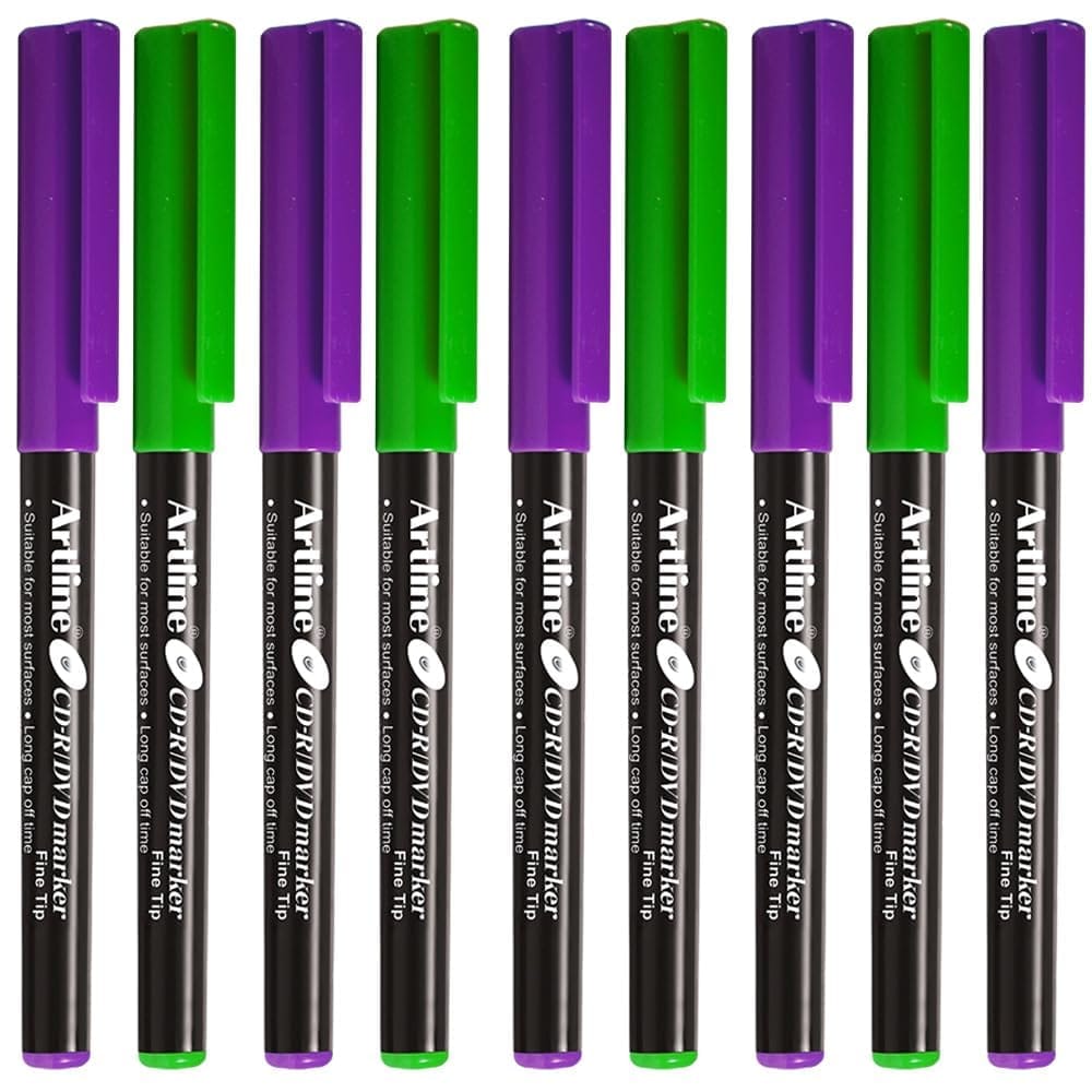 Artline CDR/DVD Marker Green Pack of 10 X 3 Packs, Purple Pack of 10 X 2 Packs (50 DVD's Markers) | On Multiple Surface: Metal, Plastic/OHP, Glass/Porcelain & Carton