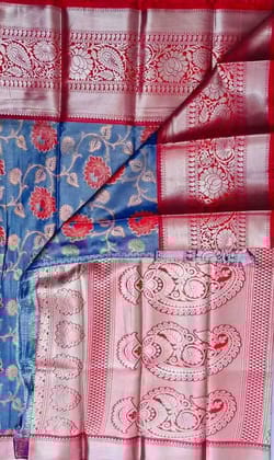 Elegant Floral Printed Saree Blue and Pink