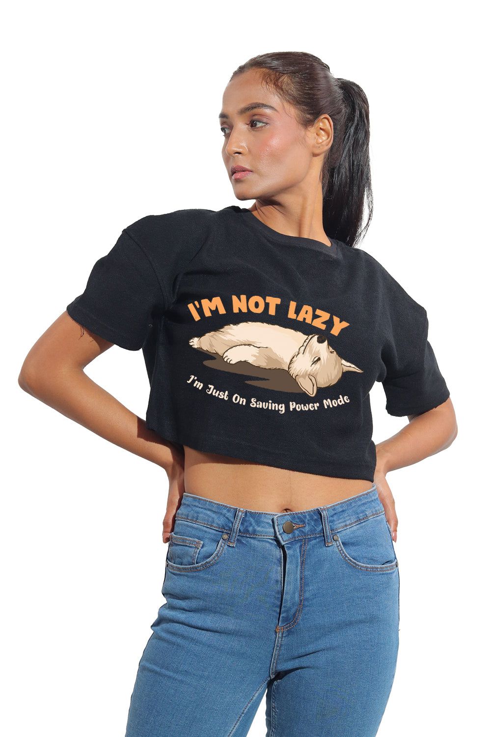 Kinnko Premium Cotton Womens Black Printed Crop T-Shirt