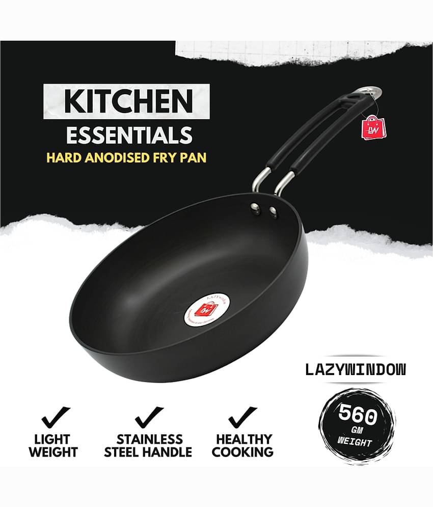 LAZYWINDOW Non Coated Hard Anodised Fry Pan Induction Bottom without Lid 3 mm Thickness 20 cm Diameter 1 Ltr