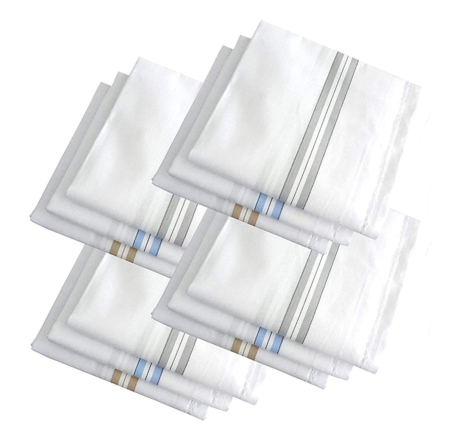 Handkerchiefs, 100% Cotton, Set of 18, White with Striped Borders