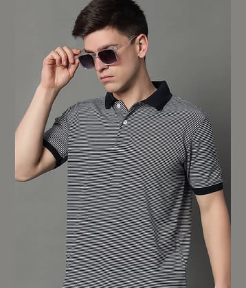 GET GOLF Pack of 1 Cotton Blend Regular Fit Striped Half Sleeves Men's Polo T Shirt ( Navy Blue )