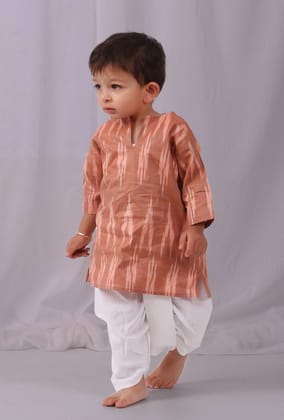 Set of 2: Chocolate Brown Ikat Kurta with white Dhoti pants-1-2Y