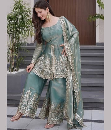 kedar fab Women Silk Embroidered Straight Kurti With Palazzo ( Teal )