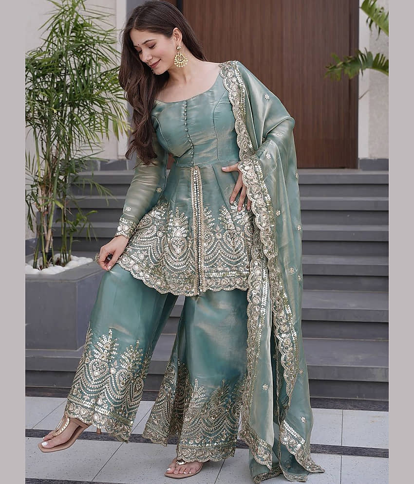 kedar fab Women Silk Embroidered Straight Kurti With Palazzo ( Teal )