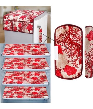 Crosmo Polyester Floral Printed Fridge Mat & Fridge Cover ( 64 18 ) Pack Of 7 Red