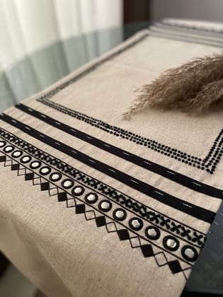 KRI India Black or White Hand Embroidered Tasselled Table Runner | Black & Off White | 14x70 inches | Wash & Care | 100% Cotton | Handcrafted in India. 100% organic & natural.