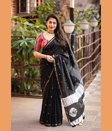 Bhuwal Fashion Linen Printed Banarasi saree With Unstitched Blouse Piece ( Green )