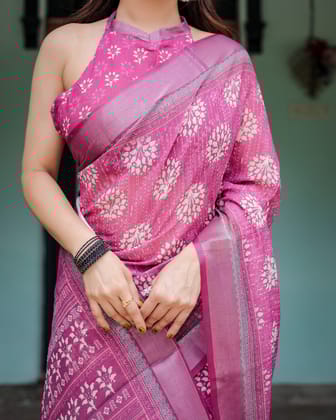 Magenta Pure Cotton Linen Saree with White Floral Block Print, Blouse, and Tassel Detailing-Regular