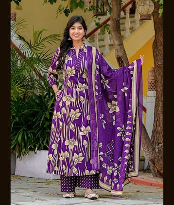 Yash Gallery Women Cotton Printed A-line Kurti With Palazzo ( Purple )