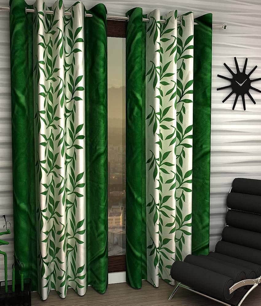 Panipat Textile Hub Floral Semi-Transparent Eyelet Window Curtain 7 ft Pack of 2 -Green