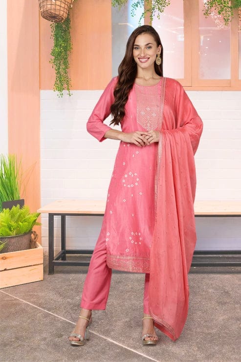 Pink Silk Blend Bandhani Printed Straight Suit Set PKSKD1781