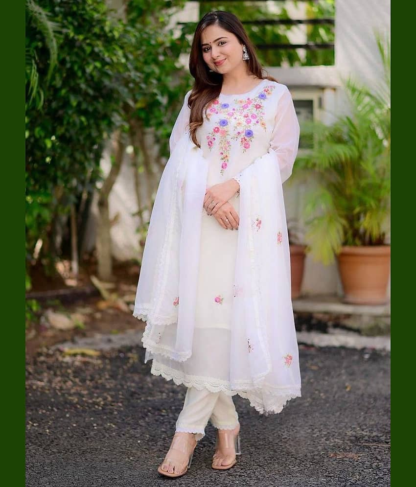 Eeloo Georgette Embroidered Kurti With Pants Women's Stitched Salwar Suit - White ( Pack of 1 )