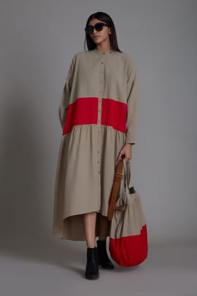 Beige & Red Band Dress-7XL
